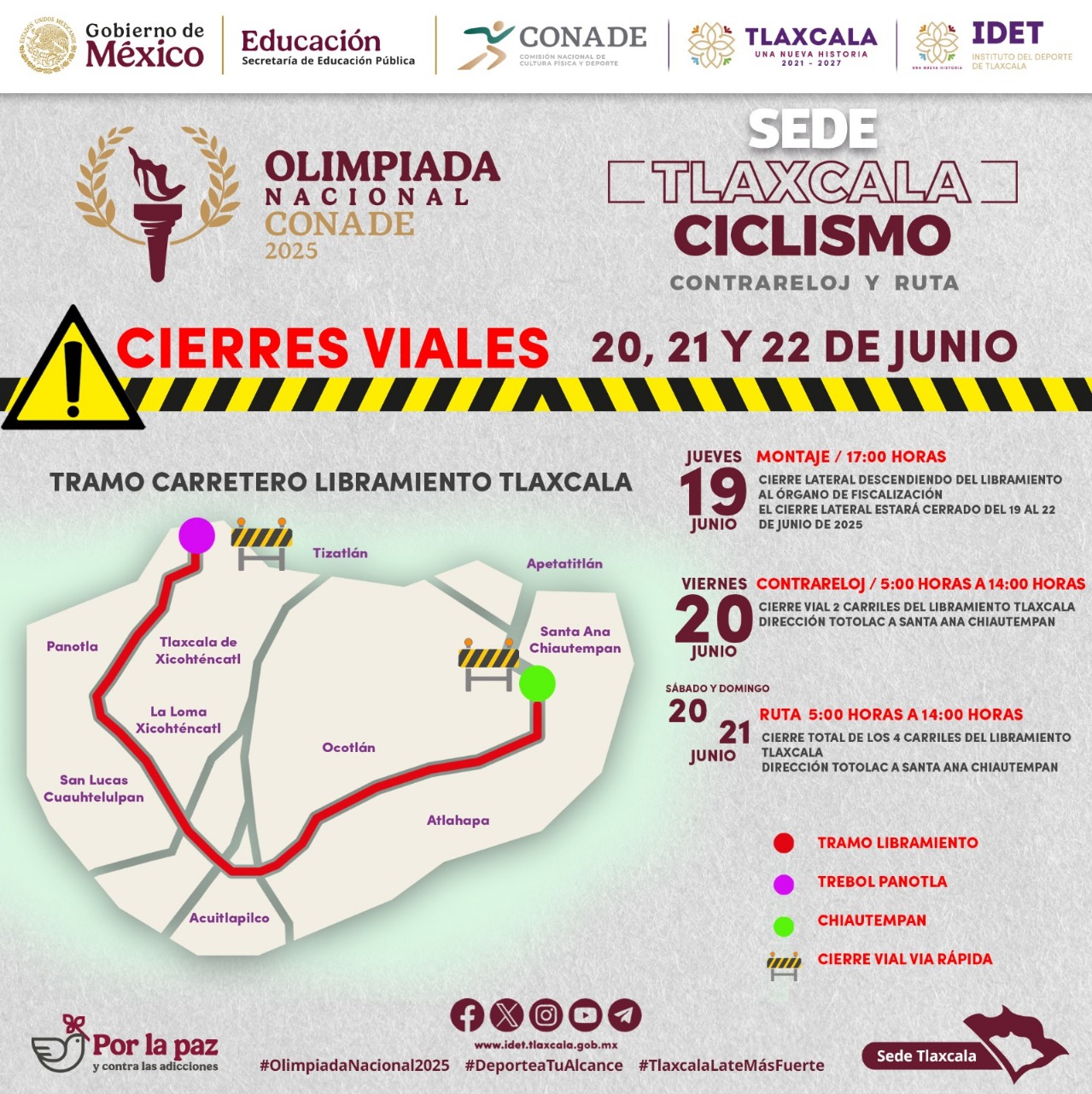 Anuncian cierre del Libramiento Tlaxcala por competencias de ciclismo de la Olimpiada Nacional